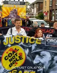 Cover of Neil Terry Photography's 2024 Activist Calendar showing people gathering for a march holding Orgreave Truth and Justice Campaign banner whci reads 'Coal not dole'