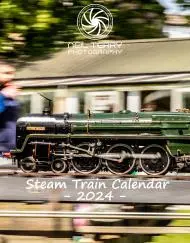 Image shows the cover of Neil Terry Photography's Steam Train 2024 calendar which shows a 7 inch gauge locomotive 'Robin Hood' at speed with a blurred backgroung