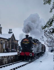 Steam train Christmas card featuring Midland Railway 4F 43924 at Oakworth